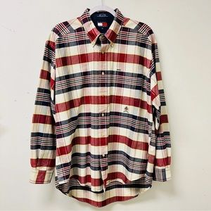 Tommy Hilfiger Shirt Mens L Beige/Red/Blue Plaid Long Sleeves Button Up